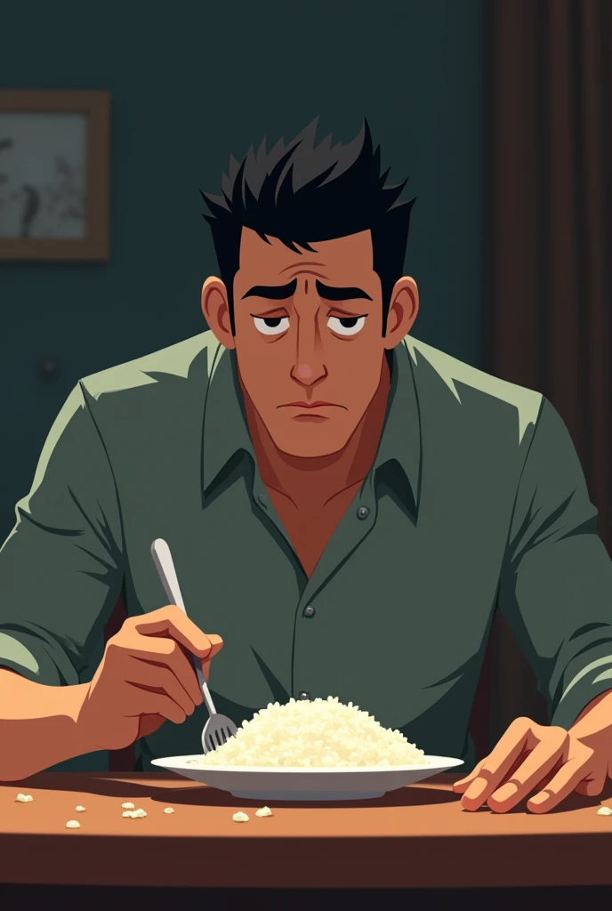 Man sad
 eating rice in table animated