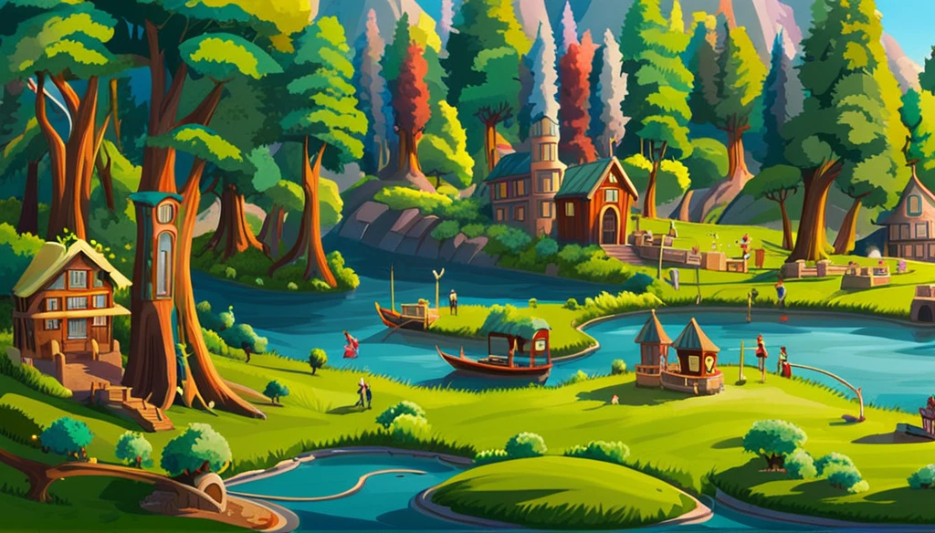 A landscape of a city in the forest a big Zootopia, with houses in the trees and on the ground the place has huge trees and is beautiful with lakes and rivers 