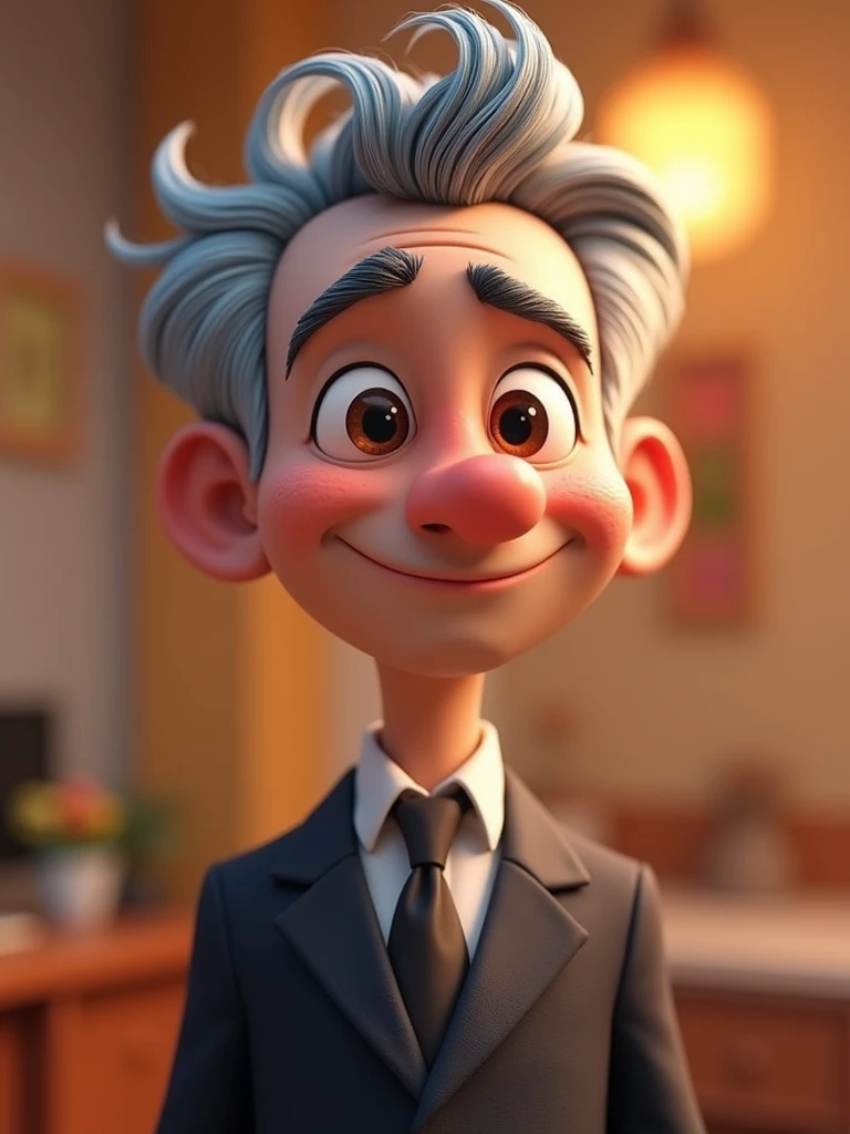 Create a Disney Pixar-style, 3D character of a 6 man, brown eyes, short gray hair, with a normal mouth, a big, airy nose, thick eyeshadows, wearing dress clothes