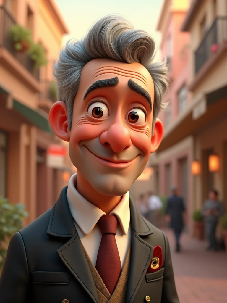 Create a Disney Pixar-style, 3D character of a 6 man, brown eyes, short gray hair, with a normal mouth, a big, airy nose, thick eyeshadows, wearing dress clothes