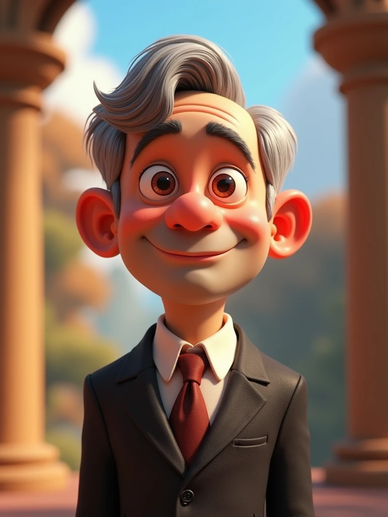 Create a Disney Pixar-style, 3D character of a 6 man, brown eyes, short gray hair, with a normal mouth, a big, airy nose, thick eyeshadows, wearing dress clothes