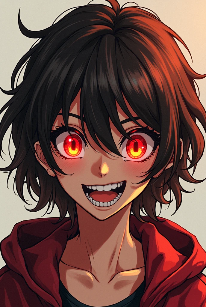 My hero academia panel , girl with brown and red disheveled hair , and red eyes with orange , smiling creepy