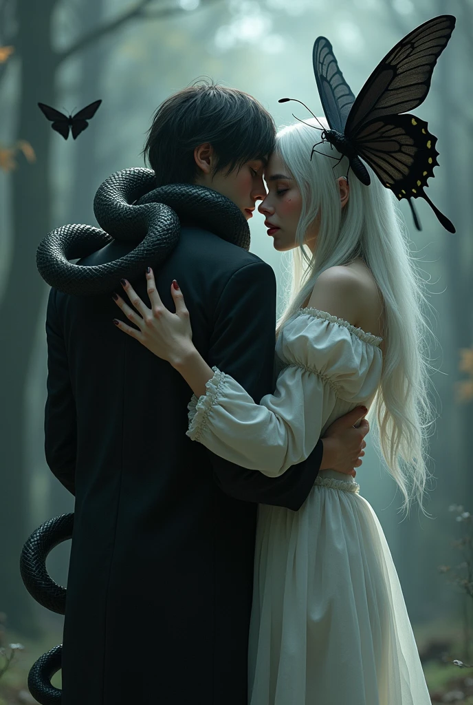 A woman with long, loose hair, eyes black, white hair with dark highlights, rosto angelical, light and flowing dress, rosy cheeks, red lips sad and gothic look, with a man with his back turned with a black snake around his neck and a huge black butterfly