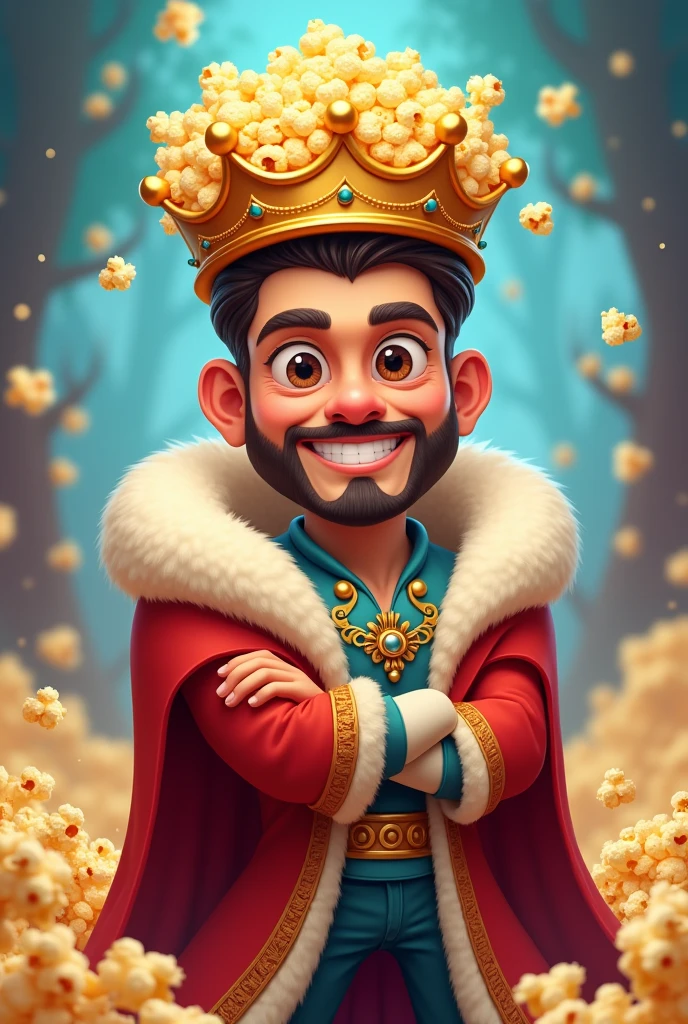 Handsome popcorn king cartoon wearing a crown made of popcorn