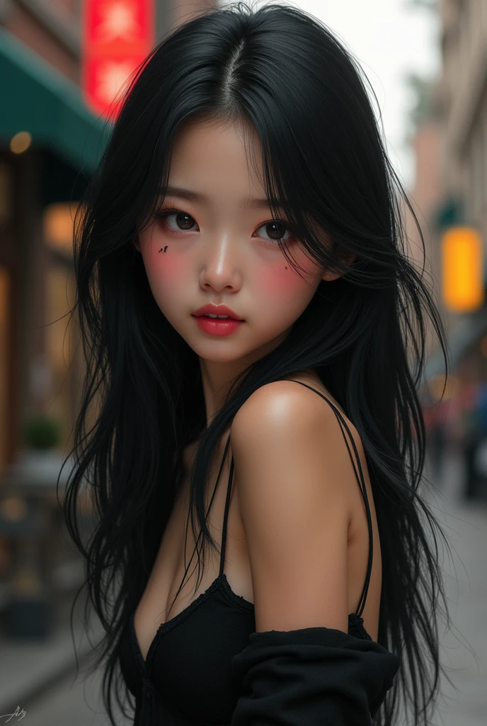 a girl, 15year old, with an extravagant beauty, seducing gaze, Asian, long black hair, full, pink mouth, in street, with a black top and black denim shorts, 小柄, moles on the cheek, nase, and on the chin near the mouth