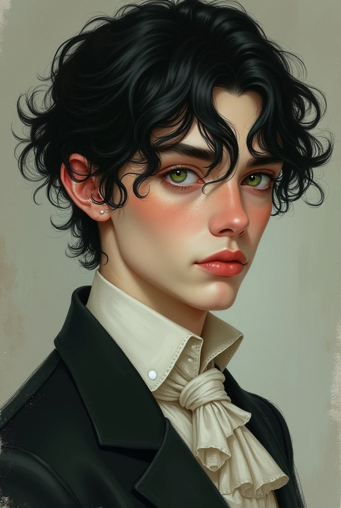generate an image of an effeminate man with black hair, green eyes and freckles at the time of "Anne with an E" and with drawing style 
