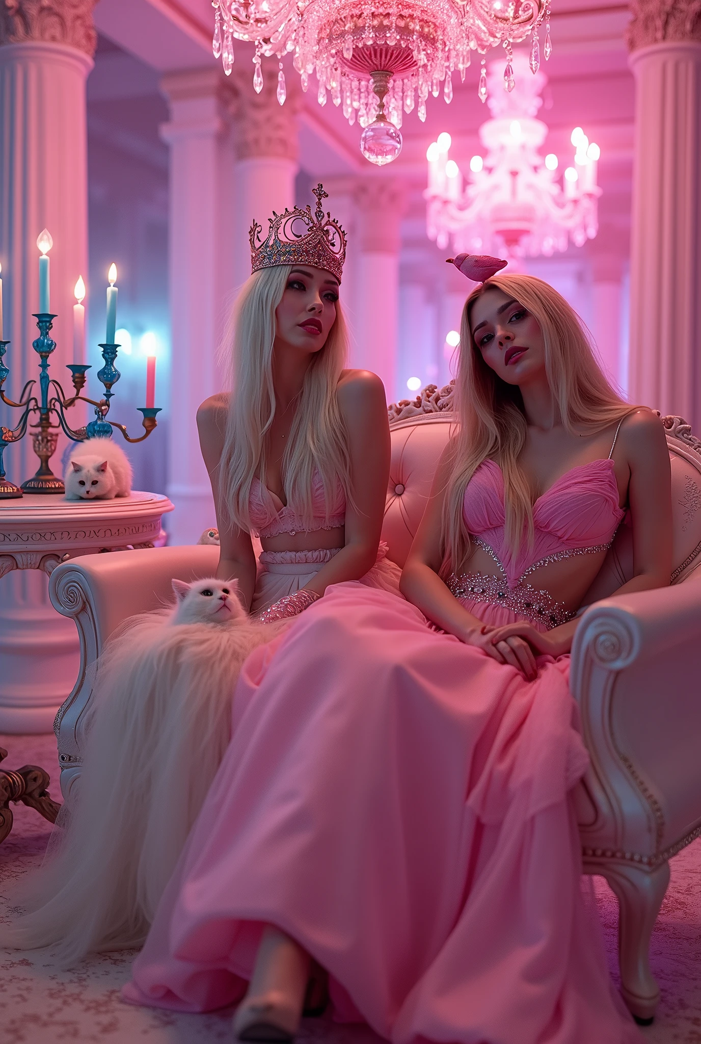 "A full-body shot of a post-party scene in a palace bathed in neon pink lighting. A drunken queens with a careless expression, wearing a layered pink and white dress (predominantly pink), leans standing nonchalantly against an all-pink throne. Her rose-gold crown, adorned with pink crystals, is tilted slightly to the left on her head 1:1. A white cat lounges on an extra-small pink sofa 1:1, while a pink bird perches atop the throne. The scene includes a messy gothic princess striking a pose, her long light blonde hair flowing over her shoulders, with a smudged red lipstick on her cheek and black mascara tears streaming down her face. She is dressed in a white lace silk gothic dress with many layers, embodying a beautiful yet disheveled ice queen.
The environment exudes a chaotic medieval fantasy vibe, with a white intricate throne and a pink crystal chandelier hanging from the ceiling. Blue crystal and gold gothic medieval five armed candlesticks sit on a white table, surrounded by crystal wine glasses—one tipped over and another half-full of wine. The entire setup is chaotic yet regal, capturing the essence of a wild and messy night in a fantastical gothic setting, illuminated by dynamic pink lighting and framed with the grandeur of medieval gothic style."