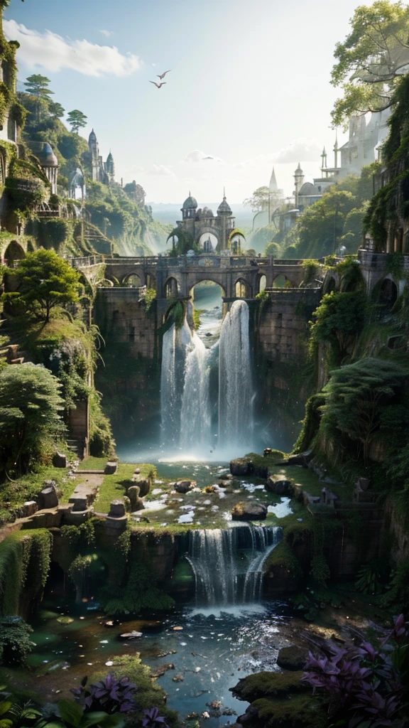 A ancient city reclaimed by the forest, crumbling stone walls and towers peeking through a sea of dense vegetation. Once splendid castle and temples, now just vine-covered rubble and moss-laden ruins poking above the treetops. Intricate stonework barely visible under thick creeping ivy and moss. Empty streets and alleys totally obscured by huge gnarled roots and flowering creepers. Crumbling statues of kings and queens stand weathered and worn, as squirrels and birds nest atop their heads. A gentle stream trickles through the cracked central plaza, waterfall cascading through where majestic palace once stood. Only bats reside here now, roosting in the damp catacombs beneath temples. Birdsong and rustling leaves have replaced hymns and human voices. The mighty walls that once protected now gradually decaying as the forest reclaims its land. This drowned city a relic of a lost people, slowly being enveloped forever in the embrace of the woodland realm.