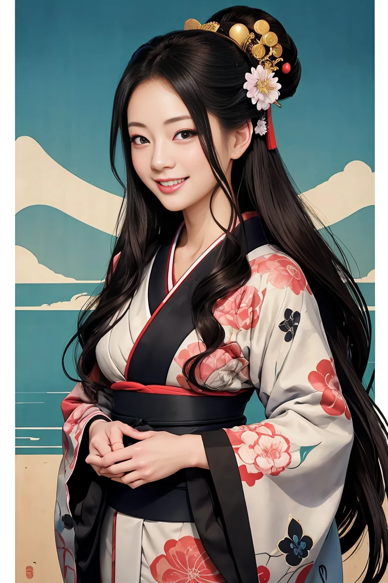 (SeaArt creates stunning illustrations of beautiful women in kimono)、Vividly colored Japanese Ukiyo-e style illustrations、A beautiful woman smiles and shows her upper white teeth、Brown-black long hair、Beautiful full body style、Let's dance a little Tokyo Ondo Yoiyoi、Beautiful new digital paintings,、Bright vibrant digital anime art、 Beautiful anime portraits、background、Torii gate of the Japan shrine、 Detailed digital anime art、