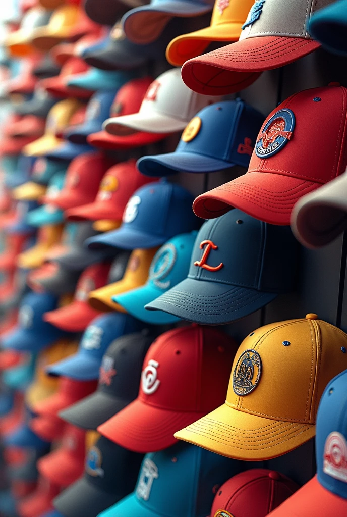 Images of a bunch of caps together and of different types looking at the camera and placed as if they were a wall full of them