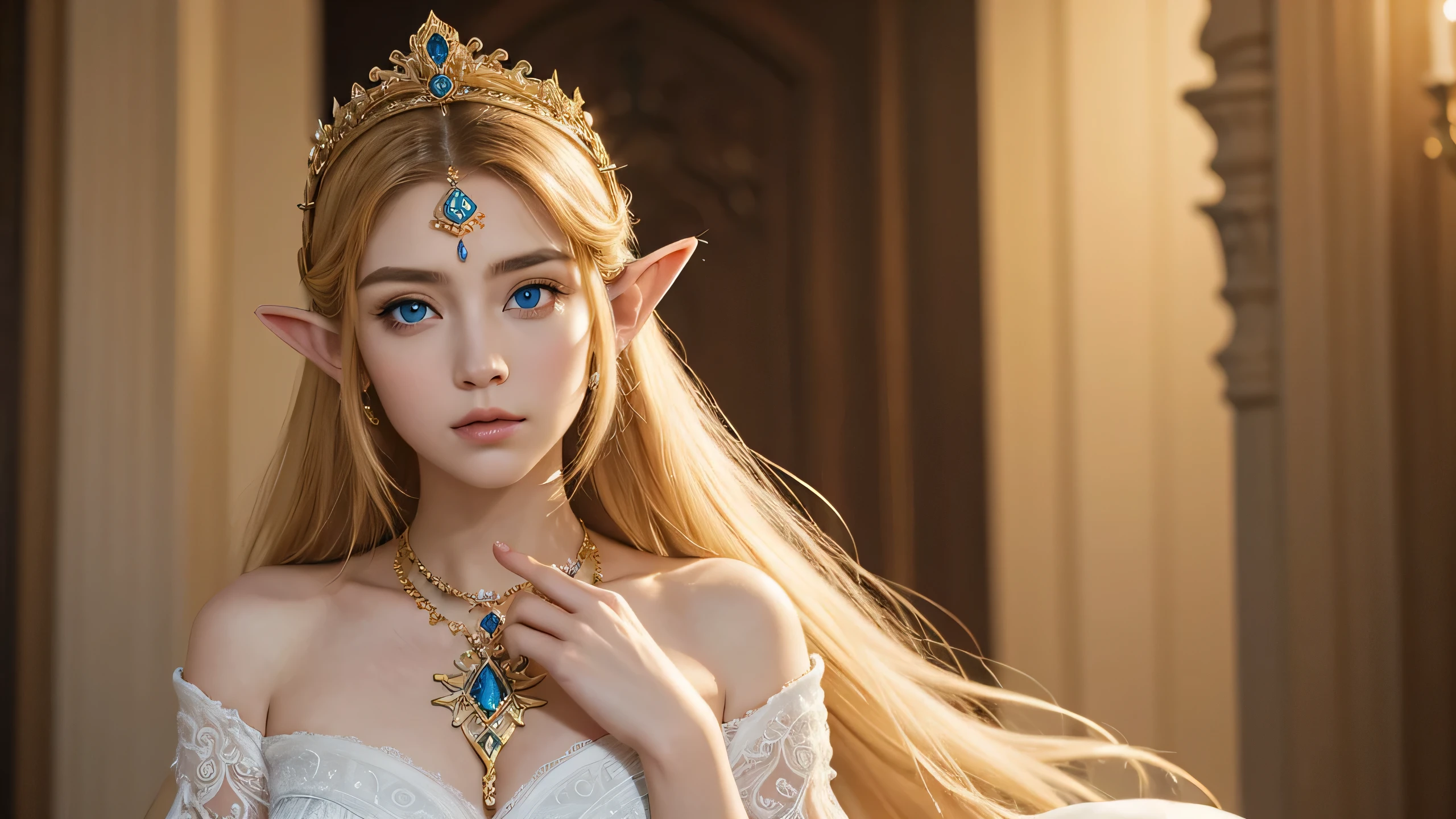 "Princess Zelda from The Legend of Zelda is portrayed with striking blue eyes, adding a unique twist to her classic appearance. She stands with a regal yet serene demeanor, wearing a luxurious gown that is primarily white, adorned with intricate golden embroidery and the Triforce symbol. The gown’s opulent design features elaborate patterns and delicate embellishments, giving it a majestic and ethereal quality. Her long, golden hair flows gracefully over her shoulders, softly framing her face. The blue of her eyes is vivid and captivating, contrasting beautifully with her pale, porcelain-like skin. Her expression is one of calm and wisdom, with a gentle, contemplative gaze that reflects both her inner strength and compassion. The light around her enhances the brilliance of her eyes and the elegance of her white gown, making them the focal points of the portrait and imparting a mystical and regal aura."