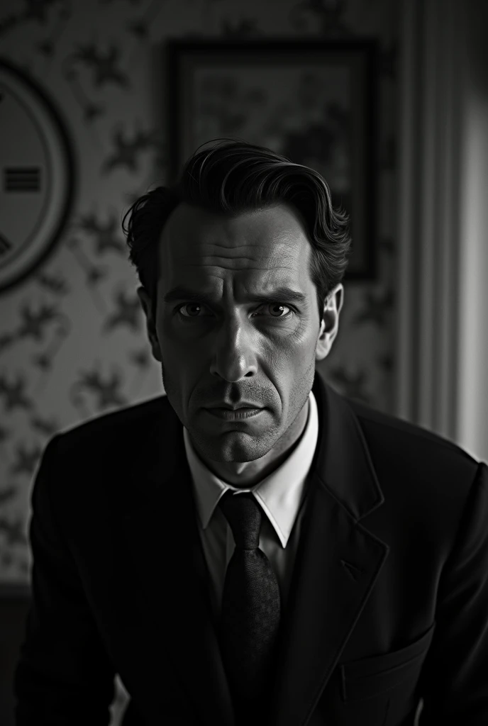 a man in a 1920s era black and white photograph, looking forward with a stressed and worried facial expression, detailed facial features, dramatic lighting, high contrast, cinematic atmosphere, realistic portrayal, far shot photography, in house, old wallpaper