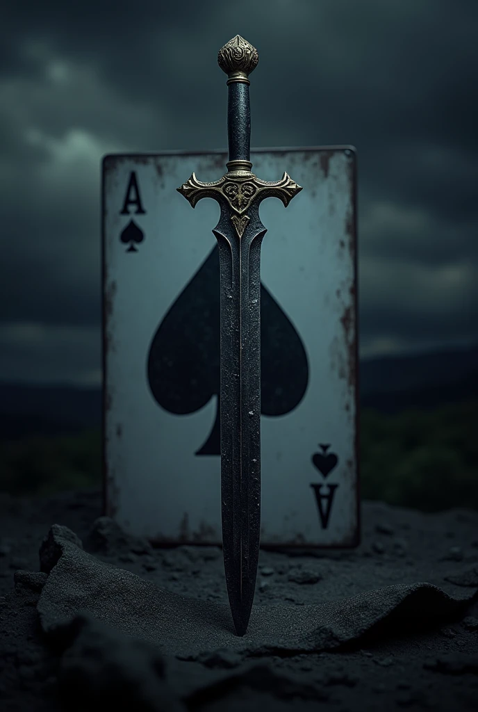 Fairbain Sikes dagger with an ace of spades in the background at night