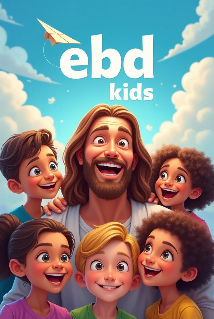 

"Create an image of Jesus surrounded by happy children, with the text &#39;EBD Kids&#39; prominently displayed in the center. Include the Bible reference &#39;Matthew 19:14&#39; in a subtle font, but readable. Also add the phrase &#39;With Prô Priscila&#39;. The scene should be bright and cheerful, with a blue sky and fluffy clouds, as well as playful elements such as a paper airplane. Jesus should be portrayed with a warm and welcoming expression, and children should look happy and diverse. The general atmosphere should be vibrant, inviting and full of positive energy."