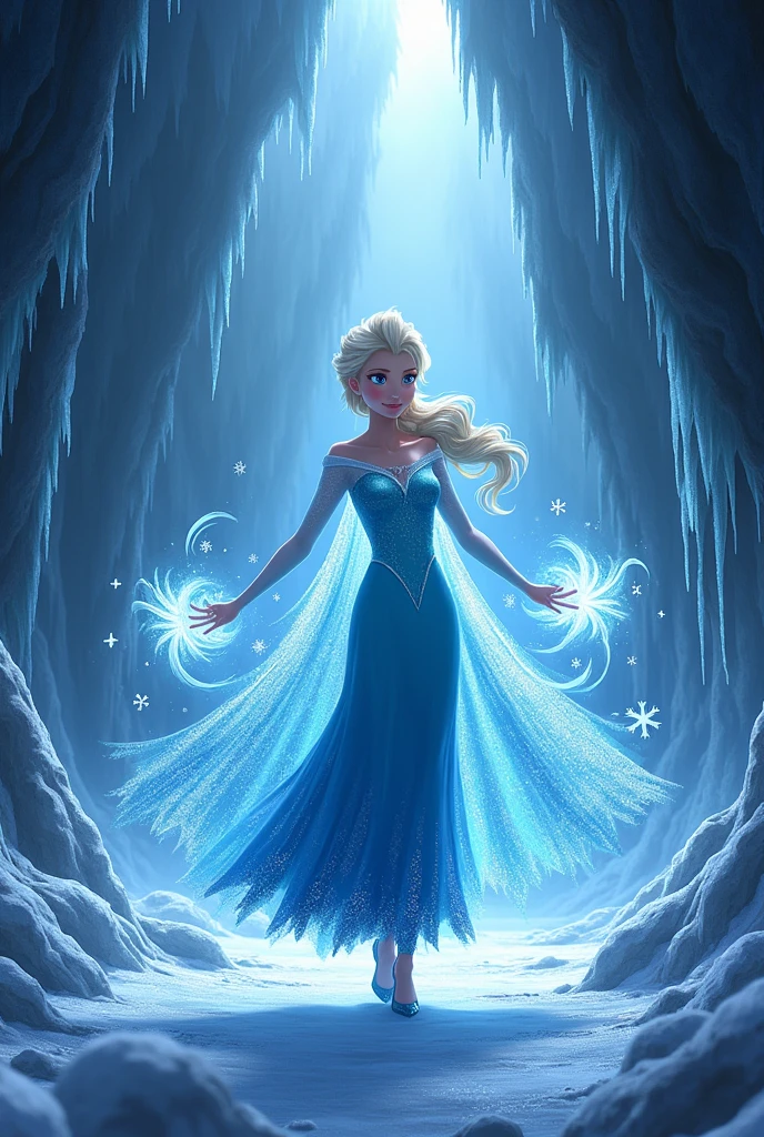 Frozen anime Elsa walking in hallway. Makimg ice magic by her hands in a cave.