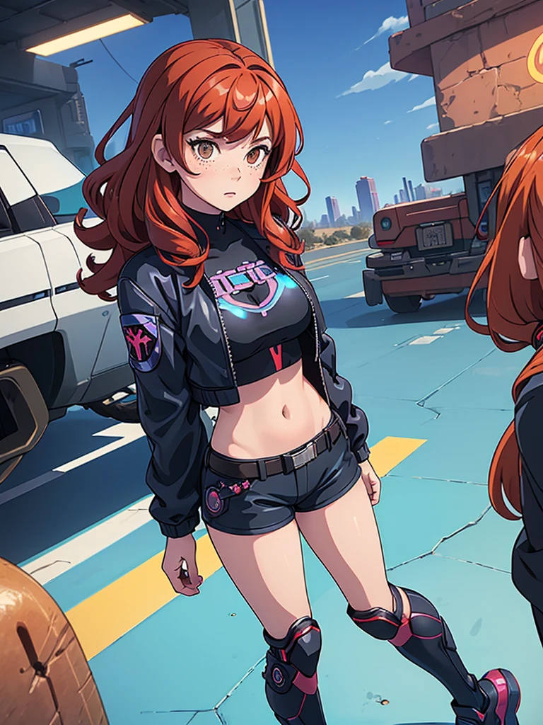 (masterpiece), (best quality), ((one girl)),alone, red hair,((brown eyes)),curly hair, anime style, freckles, (mall breast, (petite figure), blue and black cyberpunk jacket, shorts, legs, ((desert background))