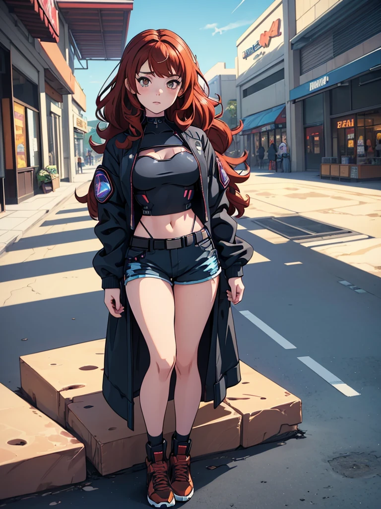 (masterpiece), (best quality), ((one girl)),alone, red hair,((brown eyes)),curly hair, anime style, freckles, (mall breast, (petite figure), blue and black cyberpunk jacket, shorts, legs, ((desert background))