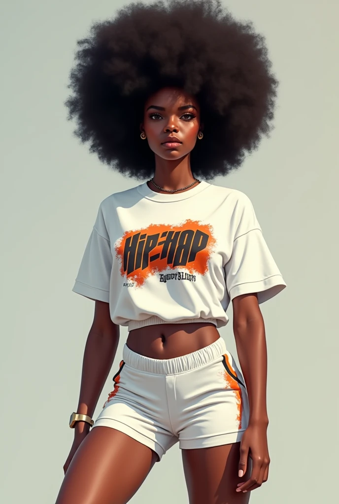 A black girl with an afro and wearing a white loose t-shirt with a hip hop print and tight sports shorts