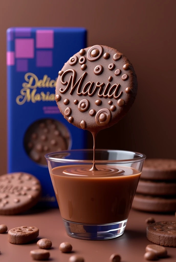 A thin round cookie on top has a layer of chocolate with raised circle drawings on it. The cookie has some letters made with chocolate that say Maria. The cookie is falling into a glass full of chocolate. Behind the glass there is a rectangular package. The package is royal blue with purple squares and has some gold letters on the front that say Delicias Maria.