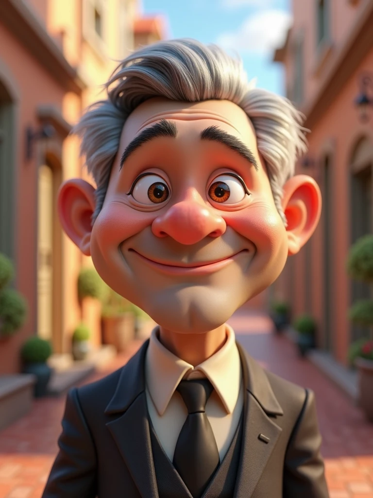 Create a Disney Pixar-style, 3D character of a 6 man, brown eyes, short gray hair, with a normal mouth, a big, airy nose, thick eyeshadows, wearing dress clothes