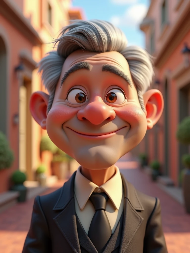 Create a Disney Pixar-style, 3D character of a 6 man, brown eyes, short gray hair, with a normal mouth, a big, airy nose, thick eyeshadows, wearing dress clothes