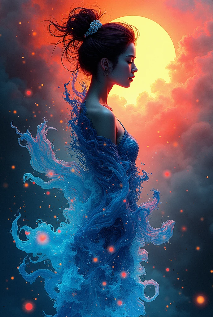 Colorful Abstract Art of Ink Forming a People, Lighting, Sub-Surface Scatterring, Glow, Award-winning Ink Art by Alberto Seveso, japanese anime, realistic, surreal, japanese goddess, neon colors,