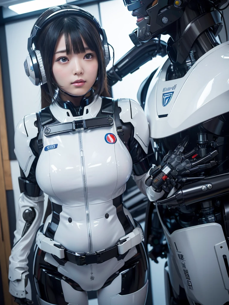masterpiece, Highest quality, Very detailed, Japanese Android girl,Plump,Slightly thicker,Control panel,robot arms,robot,Android,cyborg,white robot body,Blunt bangs,robot repair plant,The spaceship's cockpit,Harness Belt,headset,Helmet