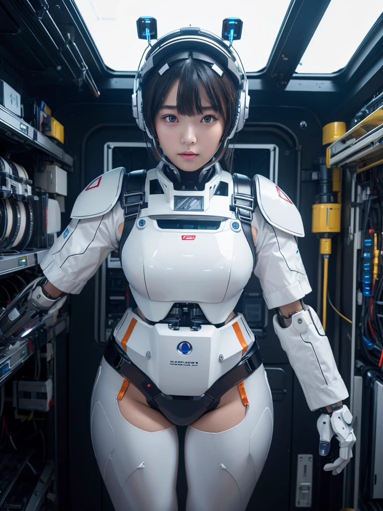 masterpiece, Highest quality, Very detailed, Japanese Android girl,Plump,Slightly thicker,Control panel,robot arms,robot,Android,cyborg,white robot body,Blunt bangs,robot repair plant,The spaceship's cockpit,Harness Belt,headset,Helmet