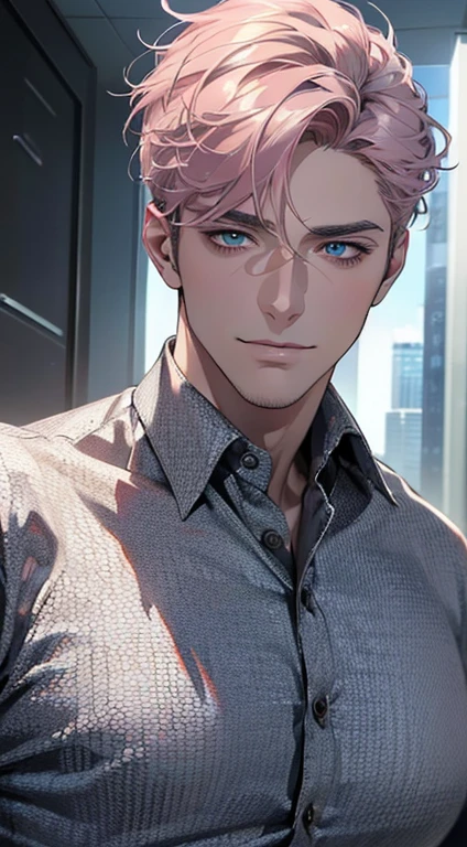 (best quality,4k,8k,highres,masterpiece:1.2),ultra-detailed,(realistic,photorealistic,photo-realistic:1.37),1 man,3,mature man,very handsome,without expression,smile,short grey pink hair,blue eyes,penetrating gaze,perfect face without errors,imposing posture,businessman,office background,cinematic lighting,hdr image