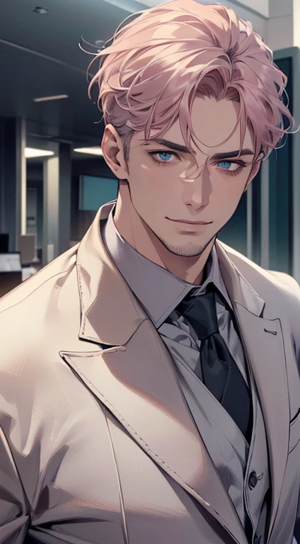 (best quality,4k,8k,highres,masterpiece:1.2),ultra-detailed,(realistic,photorealistic,photo-realistic:1.37),1 man,3,mature man,very handsome,without expression,smile,short grey pink hair,blue eyes,penetrating gaze,perfect face without errors,imposing posture,businessman,office background,cinematic lighting,hdr image