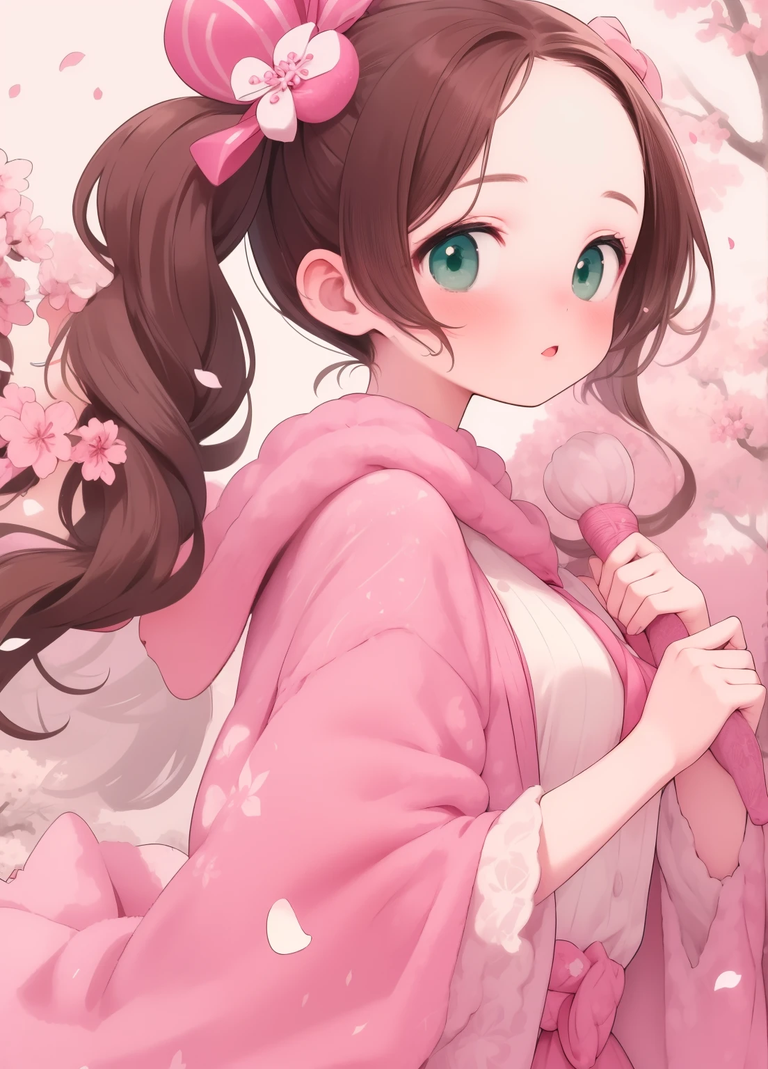(masterpiece、Highest quality、Highest quality、Official Art、Beautiful and beautiful:1.2)、(One person:1.3)Hatsune Miku、Twin tails,Beautiful breasts, Katsushika Hokusai,Highest quality,Ultra HD,(detailed),(masterpiece),(Highest quality),(Light Layer),aesthetics,Textured skin,One person,Q version,,Sakura Kinomoto,Green Eyes,Short brown hair,Laugh aloud,Pink wizard dress,White Background,(Petals falling:0.8),Upper Body