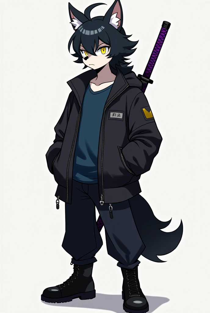 Create a Sonic-style character, but a wolf., male gender with short, slightly spiky black hair with the fringe slightly covering the eye on the left side, a big ponytail, big yellow eyes, Men's black windbreaker jacket with dark blue shirt, black gloves, black pants with men's black boots, with a purple sheathed katana on his back.