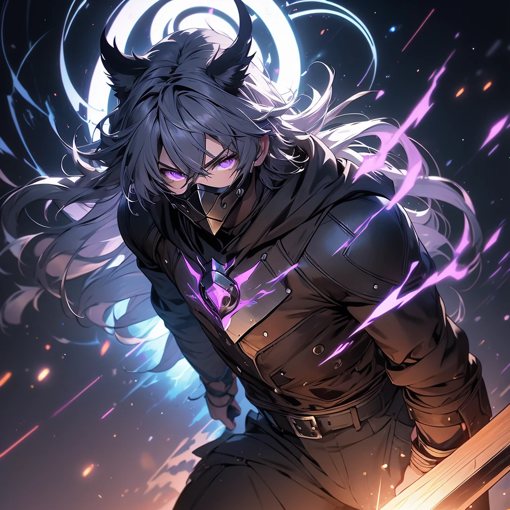 ((masterpiece)), (best quality), (ultra-detailed), (best illustration), (best illumination), photorealistic, 1boy, solo, long hair, white hair, wearing glasses, lilac eyes, black armor, lilac armor, multicolored armor, hammer hero, crazy, metal halo behind, dark aura, obsession, glowing pupils, full body, floating in air, ruins scenery, dark sky, mask on full face, no face, mask.