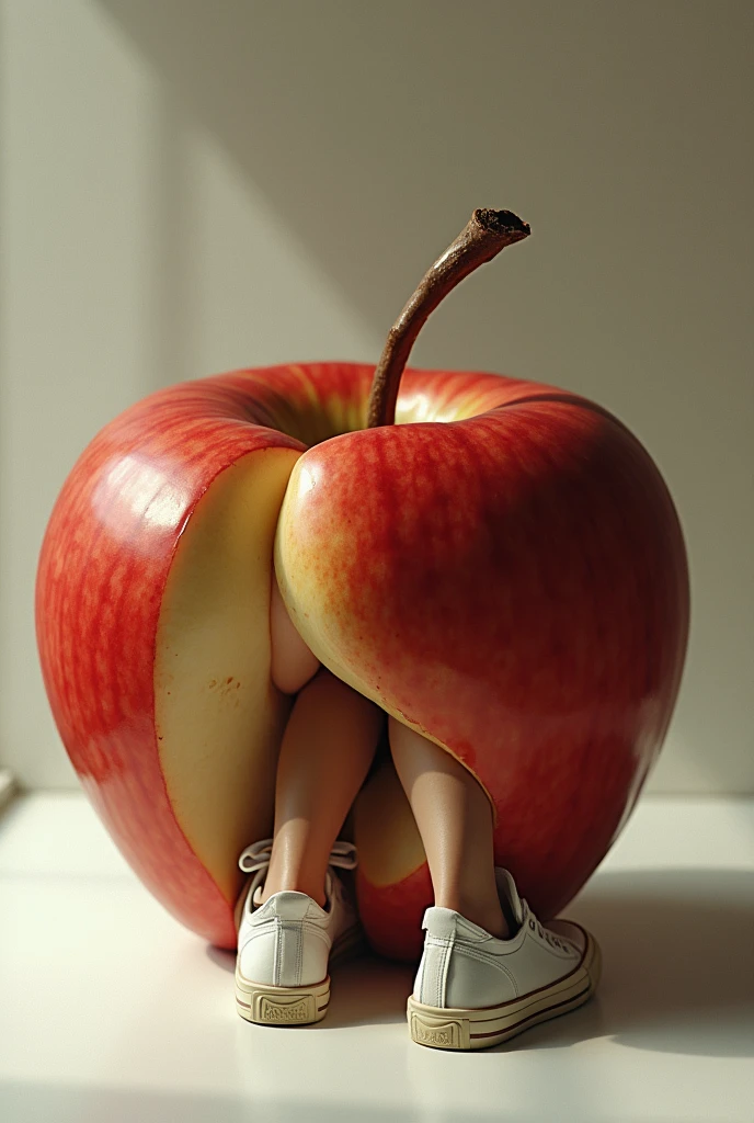 surrealism,female buttocks in the interior of an apple, in sneakers rear view!