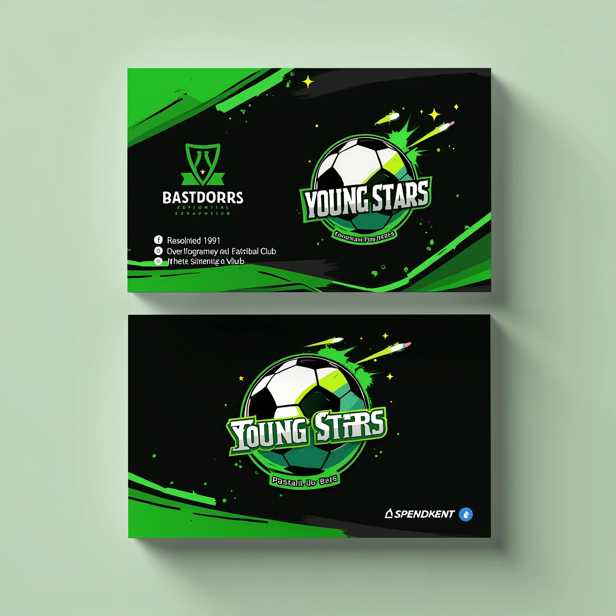 Create a business card for "Young Stars Football Club," established in 1991. The card should feature a logo with football-related elements, such as a football or a pitch, and include stars to represent the "Young Stars." The design should be dynamic and energetic, with green and black as the main colors. The card should reflect the spirit and passion of the football club.