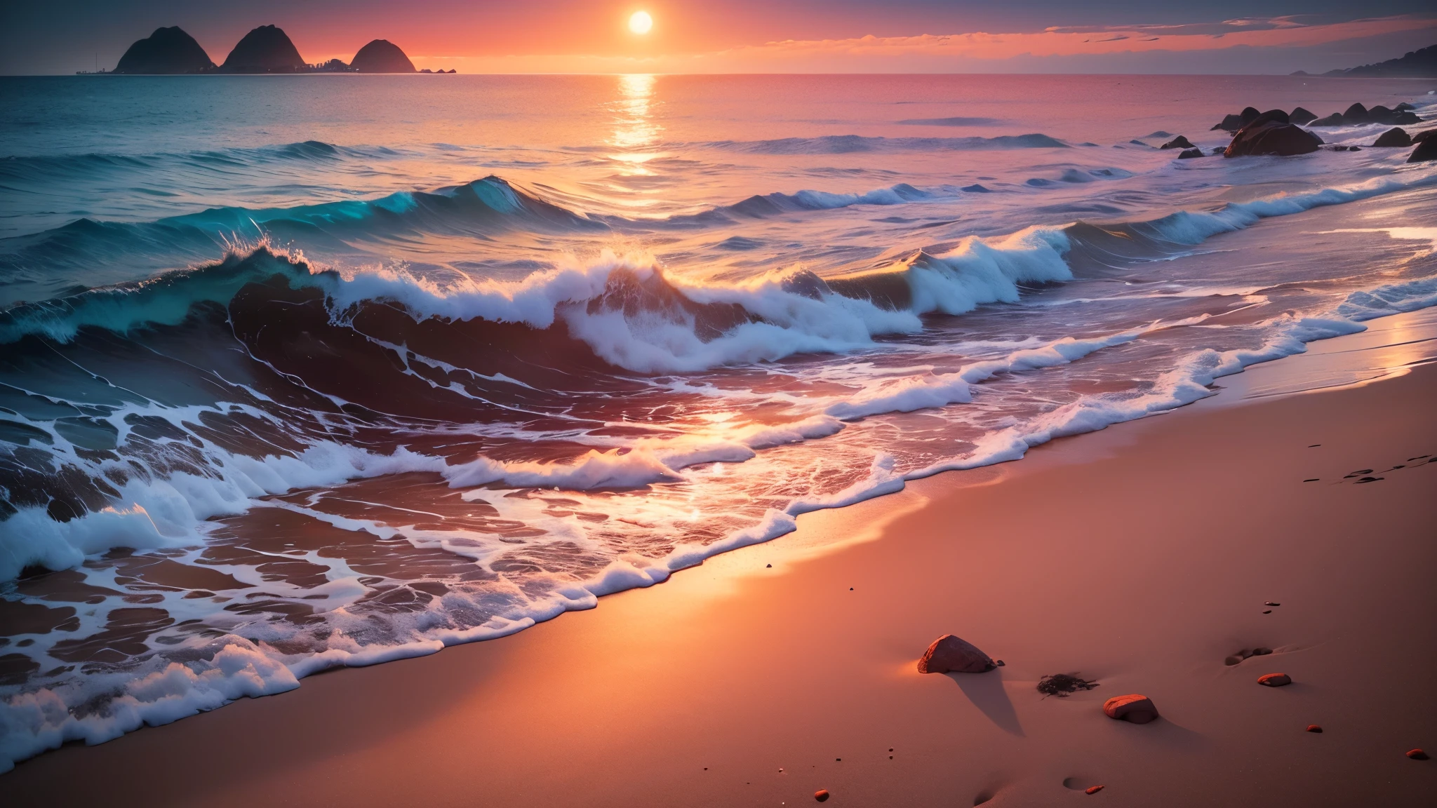 (32K, high resolution), UHD (ultra realisitic), beautiful beach, beautiful night, dark with bright lights, reflect in the sand, beautiful beach, style raw, Red beach in Rio de Janeiro.