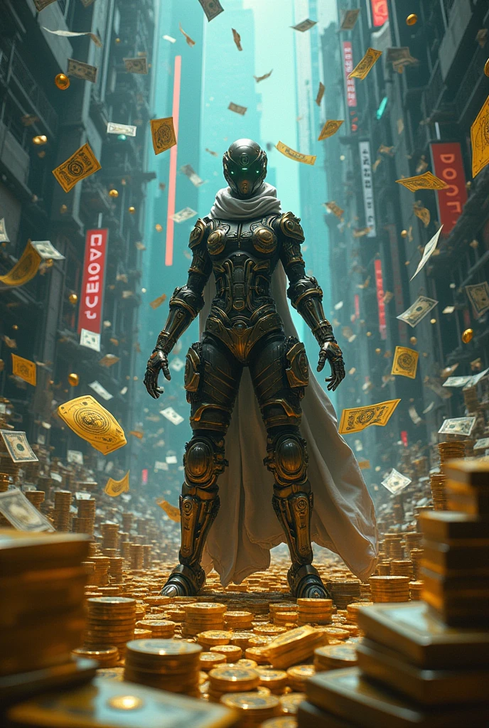 "Generate an image featuring a central cyberpunk character surrounded by an overwhelming presence of monetary elements. The character should stand amidst floating holographic currency, large stacks of physical cash, gold bars, and digital financial symbols. Incorporate futuristic banknotes with intricate designs, coins scattered across the ground, and money raining from above. The background should blend high-tech city elements with a dark, dystopian vibe, emphasizing the dominance of wealth and financial power in this cyberpunk world."
