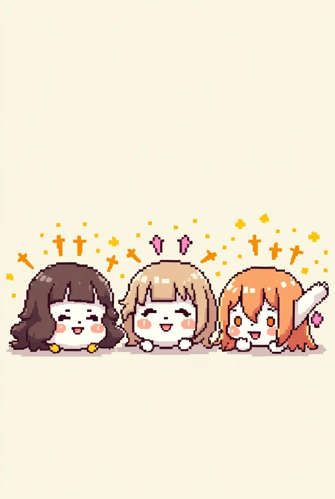 Create a pixel art style image of 3 hello kitties standing next to each other, one has shoulder height brown curly hair, the second one has long straight light brown coloured hair, with some side bangs, and the third one has shoulder high orange-brownish straight hair. One is doing a peace sign, the other is doing finger hearts, the other has her arm up, they're smiling and blushing, with some golden sparkles around them. They look like they're having fun 