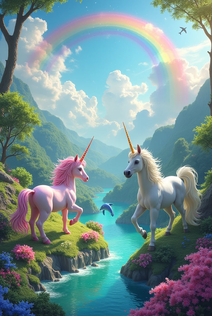 Make a fantasy world with lots of unicorns and dolphins and lots of cute rainbows