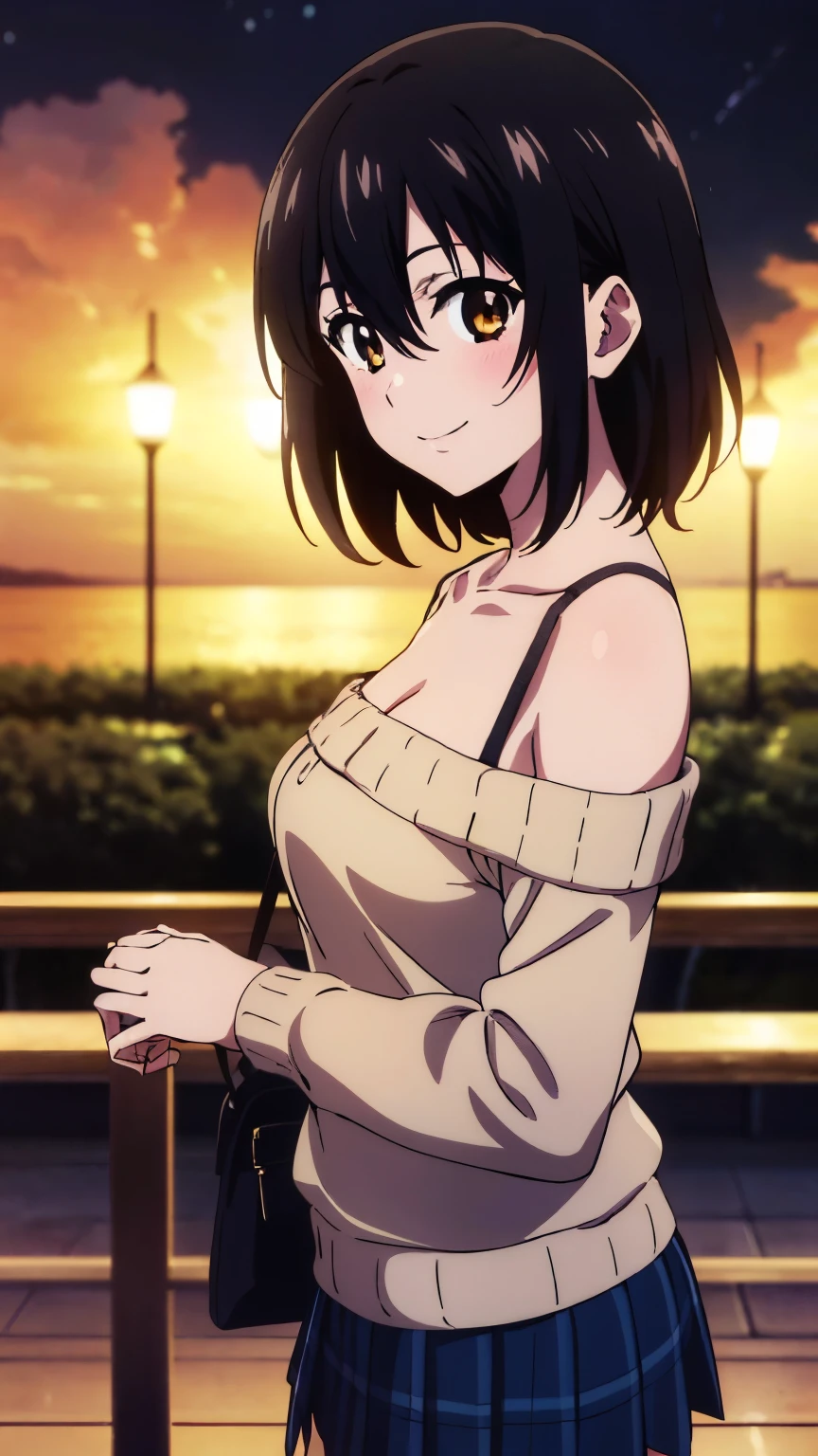 (highest quality, 8k, High resolution, masterpiece:1.2), Anime art style, Hyper Detail, himeragi yukina, Brown eye, Black Hair, Hair between the eyes, Medium Hair, 1 girl, Perfect Face, eye_Light_big,Small medium breast, Soft impression, alone, (long sleeve off-shoulder light yellow sweater, black halterneck camisole, (hand bag, shoulder strap), black pleated mini skirt, Night, park, illuminations, smiling, blushing, IncrsHoldingHandsPov, one hand, pov hands, from side), Cowboy Shot, looking at viewer,