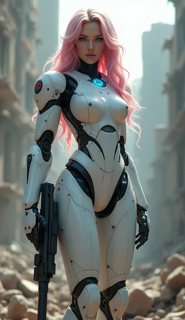 Female robot,full body,perfect Female face,fair_skin,blue eyes,pink hair,Realistic photo,looking at viewer,mechanical arms,mechanical leg,Standing,wavy hair,curvy,chest blue energy core,the ruins of war,Arm-integrated firearm,muzzle,Aim Lens,