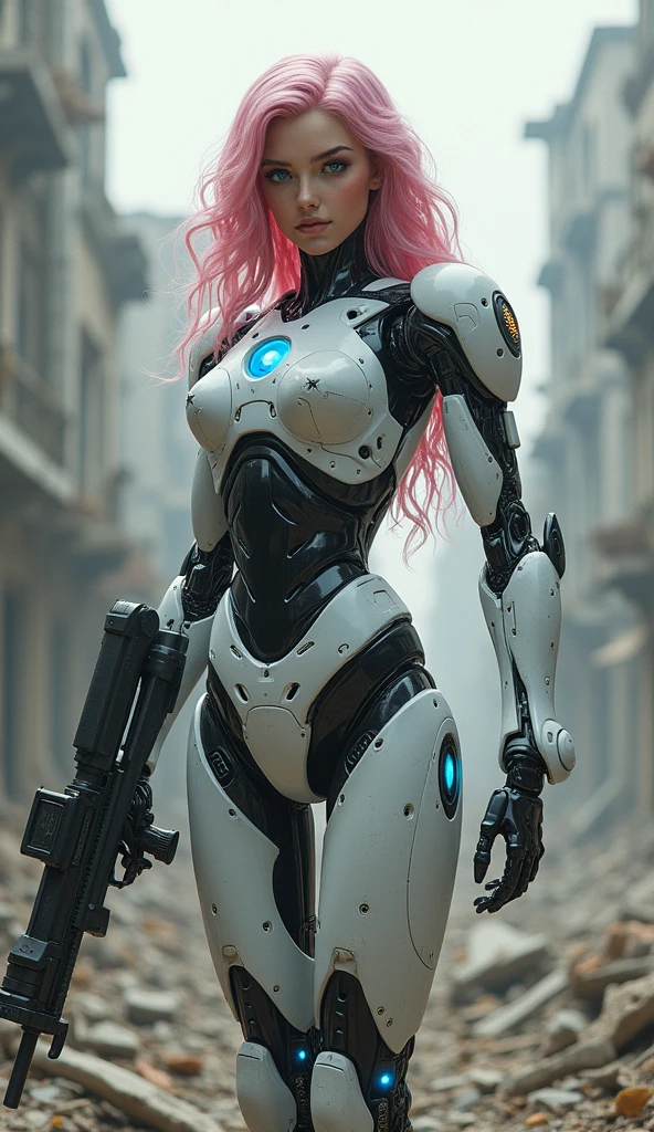 Female robot,full body,perfect Female face,fair_skin,blue eyes,pink hair,Realistic photo,looking at viewer,mechanical arms,mechanical leg,Standing,wavy hair,curvy,chest blue energy core,the ruins of war,Arm-integrated firearm,muzzle,Aim Lens,