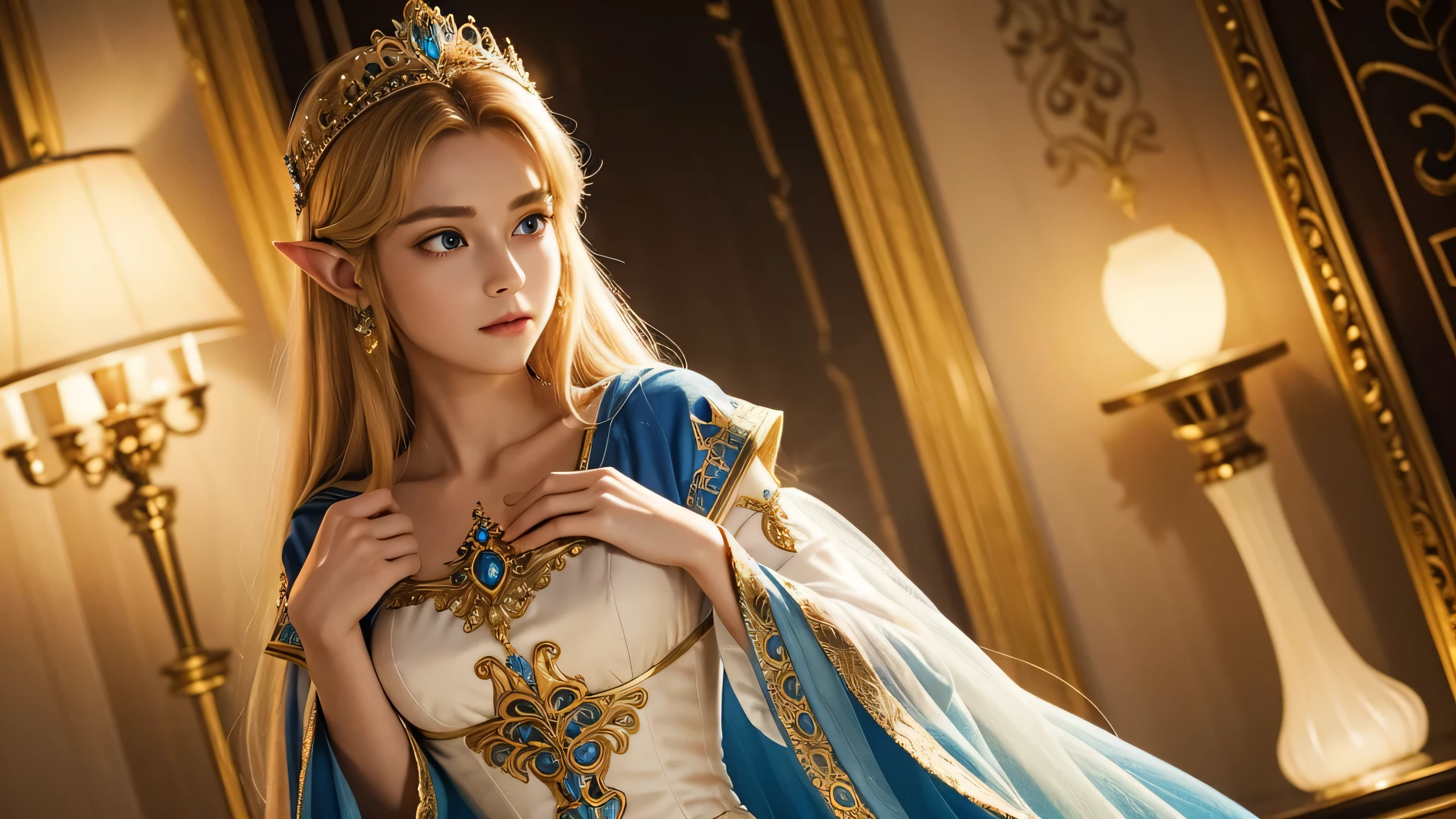 "Princess Zelda from The Legend of Zelda is depicted in a moment of deep prayer, kneeling gracefully on the ground. She rests both knees on the floor, her posture elegant yet humble. Zelda's hands are clasped tightly in front of her chest, fingers intertwined as if holding on to a deep resolve or hope. Her long, golden hair flows softly over her shoulders, partially covering her royal gown, which pools around her on the floor. The gown’s intricate golden embroidery catches the light, adding a touch of radiance to the otherwise solemn scene. Zelda's eyes are gently closed, her expression serene but focused, with a sense of urgency and devotion. Her face, framed by her delicate tiara, reflects a quiet strength as she silently offers her prayers. The atmosphere is one of profound reverence, as if she is drawing on her inner power and wisdom to protect those she cares for."