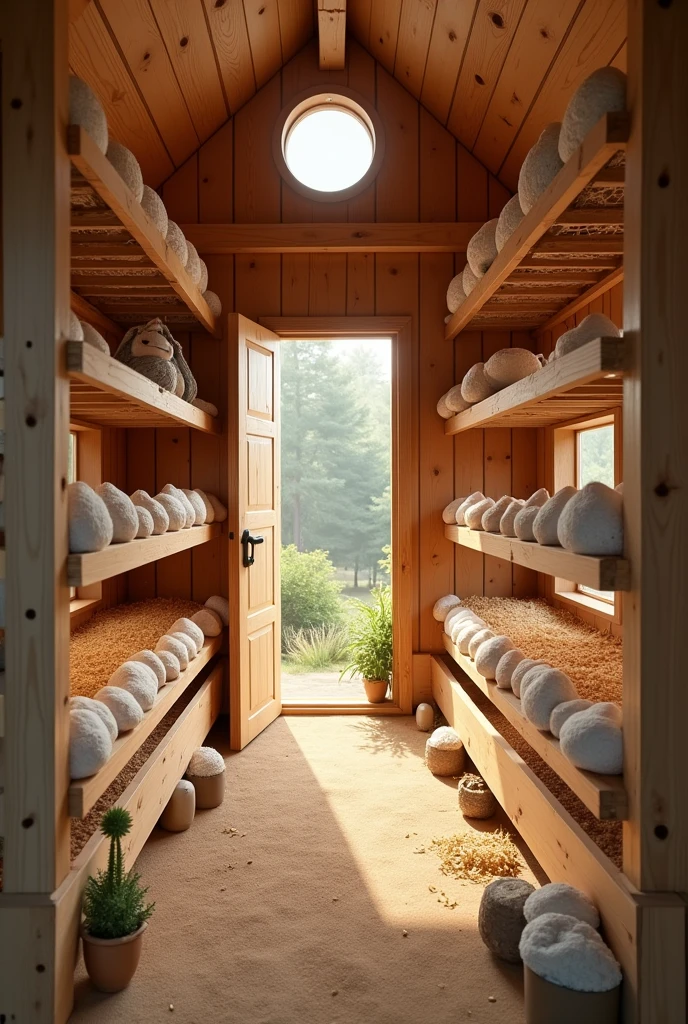 Create what a chicken coop company would look like inside its cages
