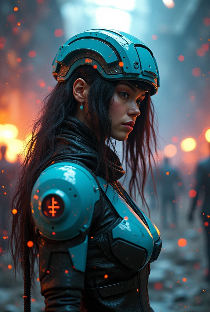 ((Best quality)), ((masterpiece)), (detailed: 1.4), ....3d, woman in thick neon and protective armor with generative helmet in cyberpunk style, voluminous hair, Light particles, Clean energy, chaos, anti-technology, HDR (High dynamic range), Ray tracing ,NVIDIA RTX, Super resolution, Unreal 5, Underground dispersion, Textured PBR, Post-processing, Anisotropic filtering, depth of field, maximum clarity and sharpness, Multilayer textures, Albedo and Mirror Maps, Surface Shading, Accurately simulate the interaction of light and material.,perfect proportions,octane number,two-color lighting,Wide opening,Low ISO,White balance,Rule of thirds,Battlefield in RAW 8K, Someone else's fight,,