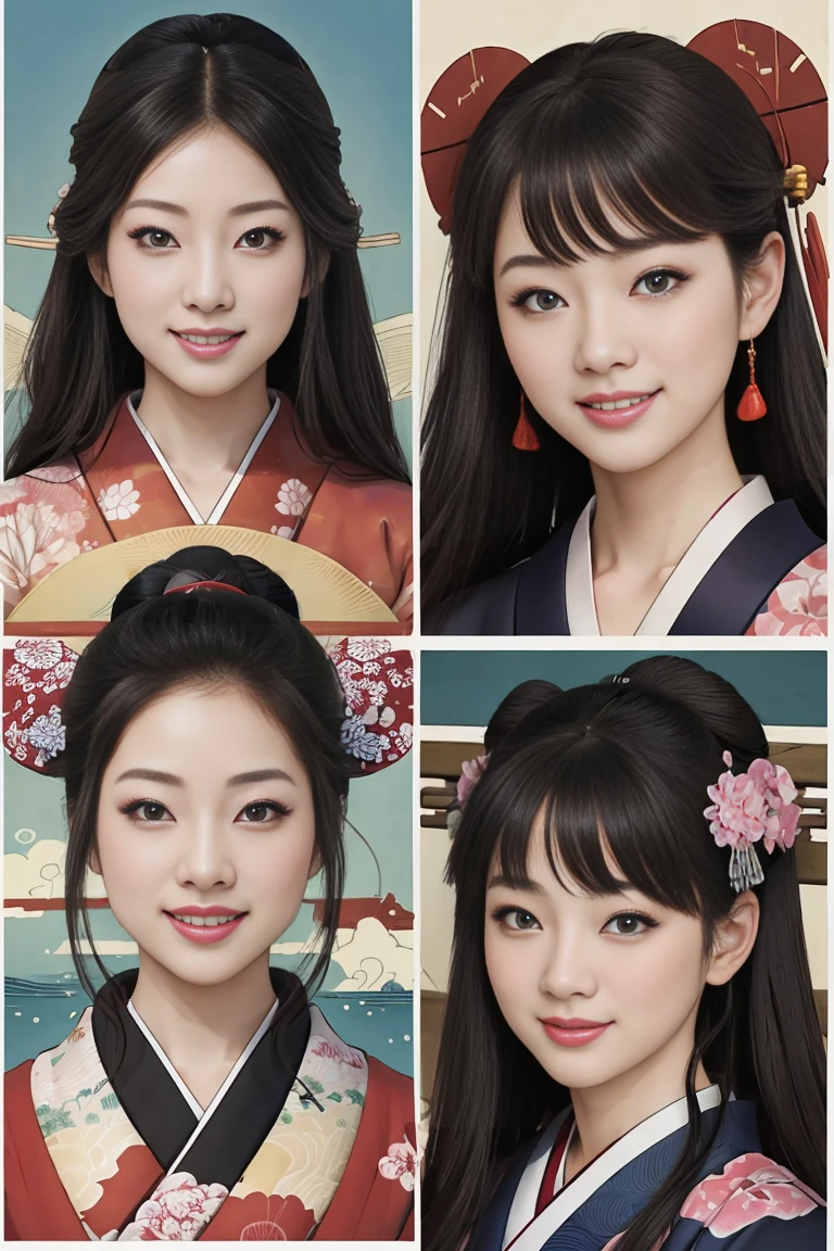 (SeaArt creates stunning illustrations of beautiful women in kimono)、Vividly colored Japanese Ukiyo-e style illustrations、A beautiful woman smiles and shows her upper white teeth、Brown-black long hair、Beautiful full body style、Let&#39;s dance a little Tokyo Ondo Yoiyoi、Beautiful new digital paintings,、Bright vibrant digital anime art、 Beautiful anime portraits、background、Torii gate of the Japan shrine、 Detailed digital anime art、