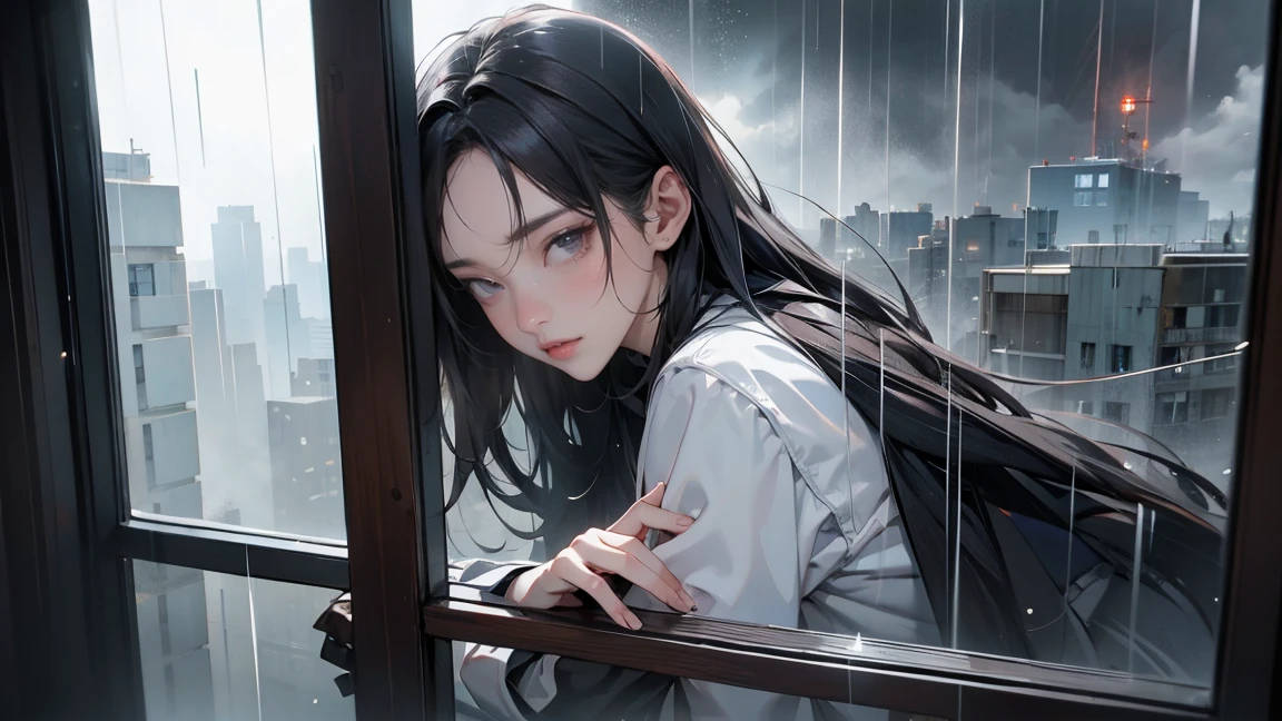 A storm or heavy rain from a window