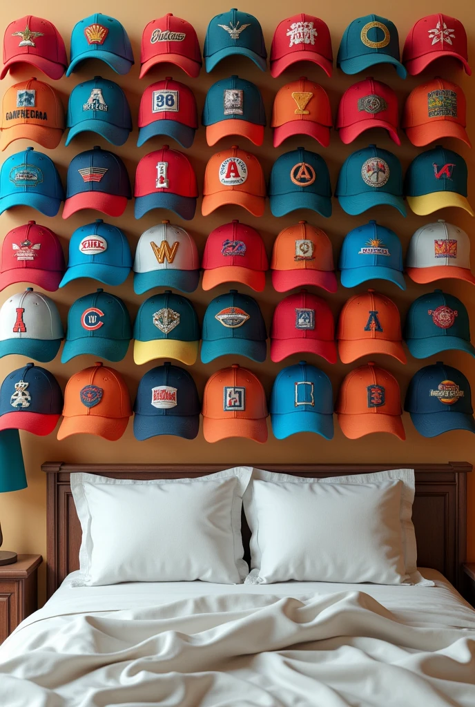 images a bunch of caps together and of different types looking at the bed!and placed as if they were a wall full of them