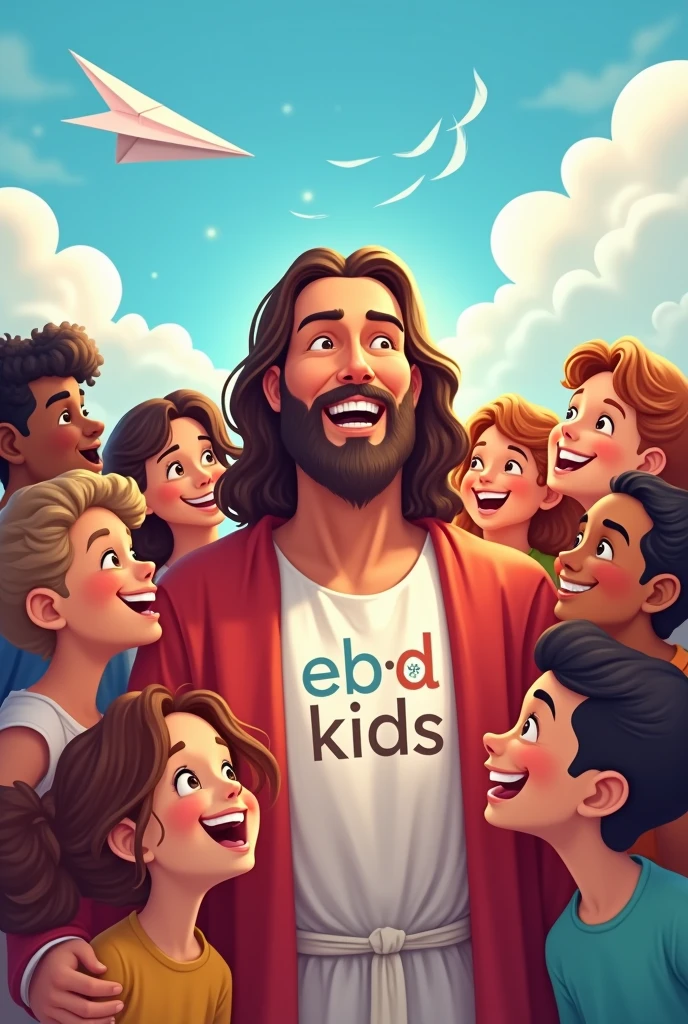 

"Create an image of Jesus surrounded by happy children, with the text &#39;EBD Kids&#39; prominently displayed in the center. Include the Bible reference &#39;Matthew 19:14&#39; in a subtle font, but readable. Also add the phrase &#39;With Prô Priscila&#39;. The scene should be bright and cheerful, with a blue sky and fluffy clouds, as well as playful elements such as a paper airplane. Jesus should be portrayed with a warm and welcoming expression, and children should look happy and diverse. The general atmosphere should be vibrant, inviting and full of positive energy."