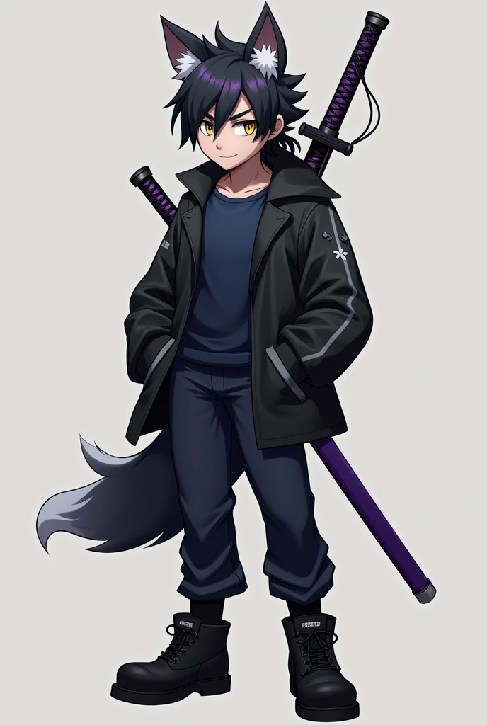 Create a Sonic-style character, but a wolf., male gender with short, slightly spiky black hair with the fringe slightly covering the eye on the left side, a big ponytail, big yellow eyes, Men&#39;s black windbreaker jacket with dark blue shirt, black gloves, black pants with men&#39;s black boots, with a purple sheathed katana on his back.